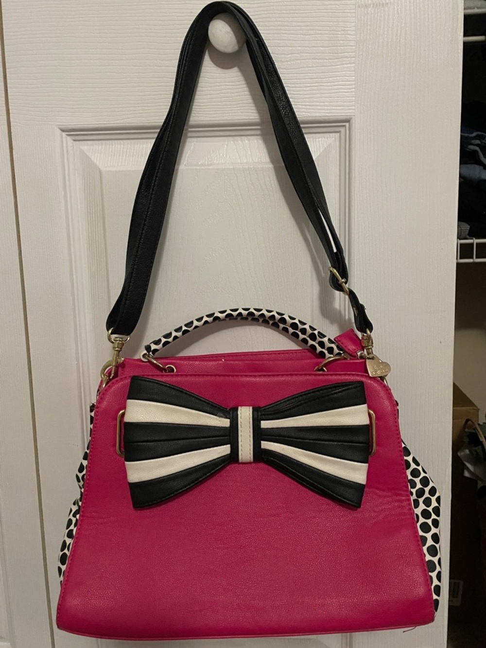 Betsey Johnson Hot Pink Satchel with Black-and-Cream Bow